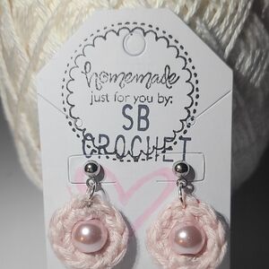 Soft Pink Crochet Earrings With Pearl Accents